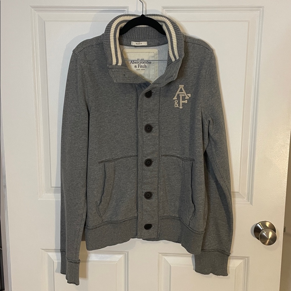 A&F Abercrombie Y2K Gray Fleece Lined Button Up Sweater Jacket Men’s Large